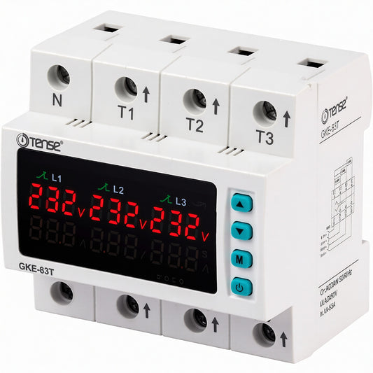 Three-phase relay for overvoltage and overload protection 1–63 A for DIN rail mounting, GKE-63T