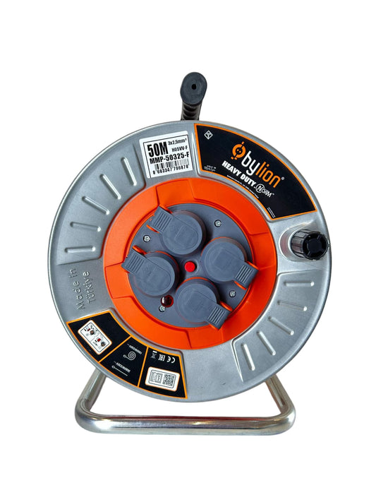 Professional metal winch with copper cable 3x2.5 mm2, IP44 with overload protection, current 16 A French type with 4 sockets, length 50M, cable color: orange