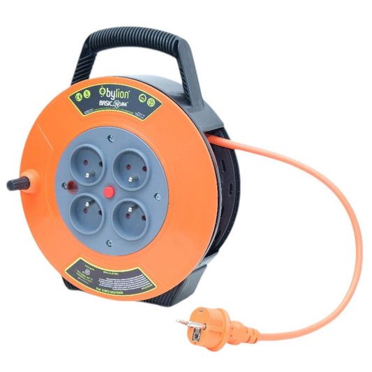 Compact retractable reel for extension cord/cable drum, 10 m cable with 4 sockets IP20 + thermal fuse