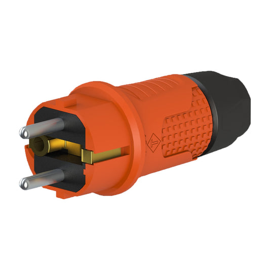 Orange rubber plug IP54, for cable, double grounding, 2P+Z, REF-O, 16 amperes 250 volts, manufacturer Bylion