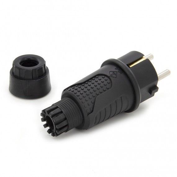 Black rubber plug IP54, 250v 16a on cable, Uni-Schuko (double grounding), 2P+E, REF, Bylion