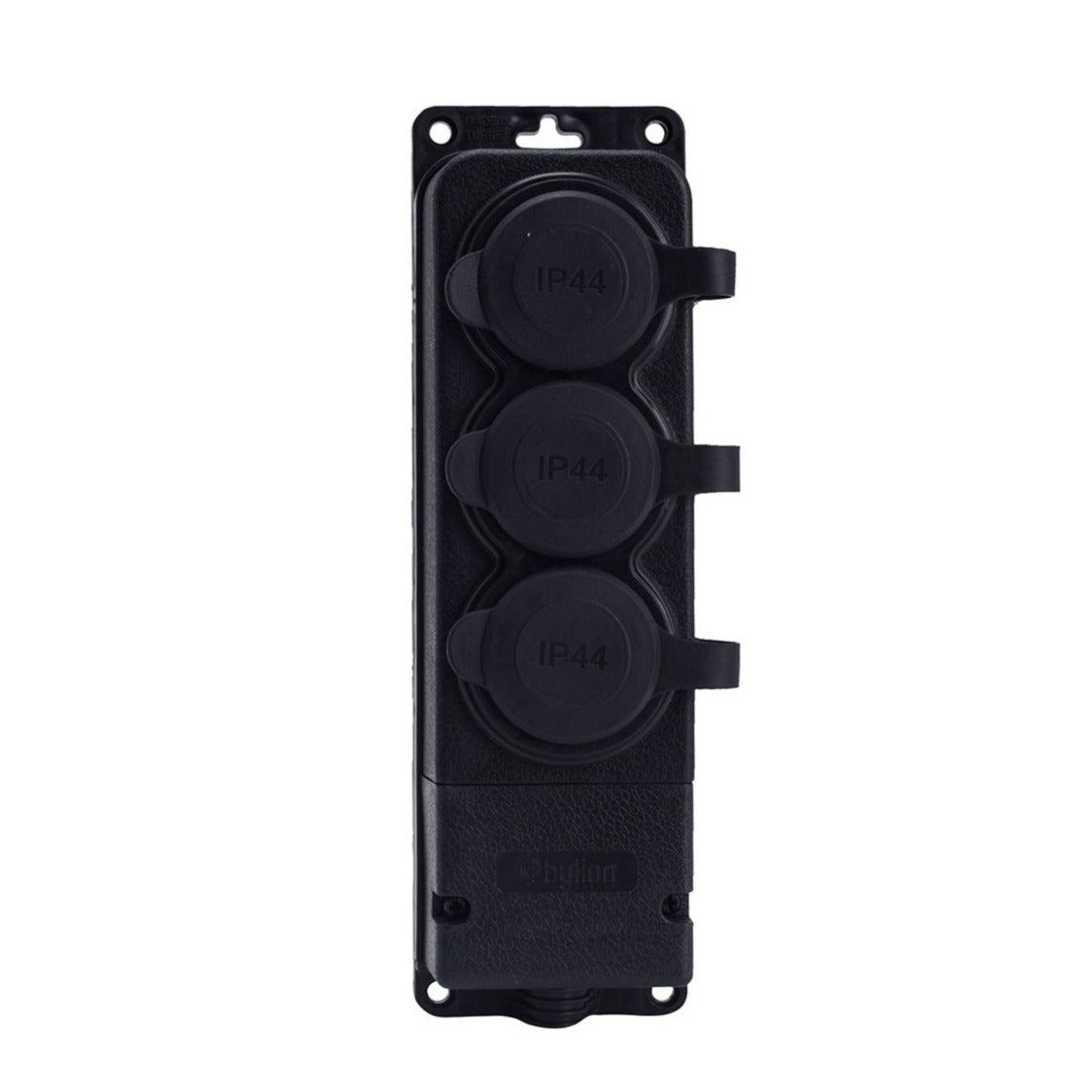 Тройна "гумена" черна розетка с херметичен капак IP44 250V, 16A, SCHUKO 2P+Z, 3KMP-F, Bylion