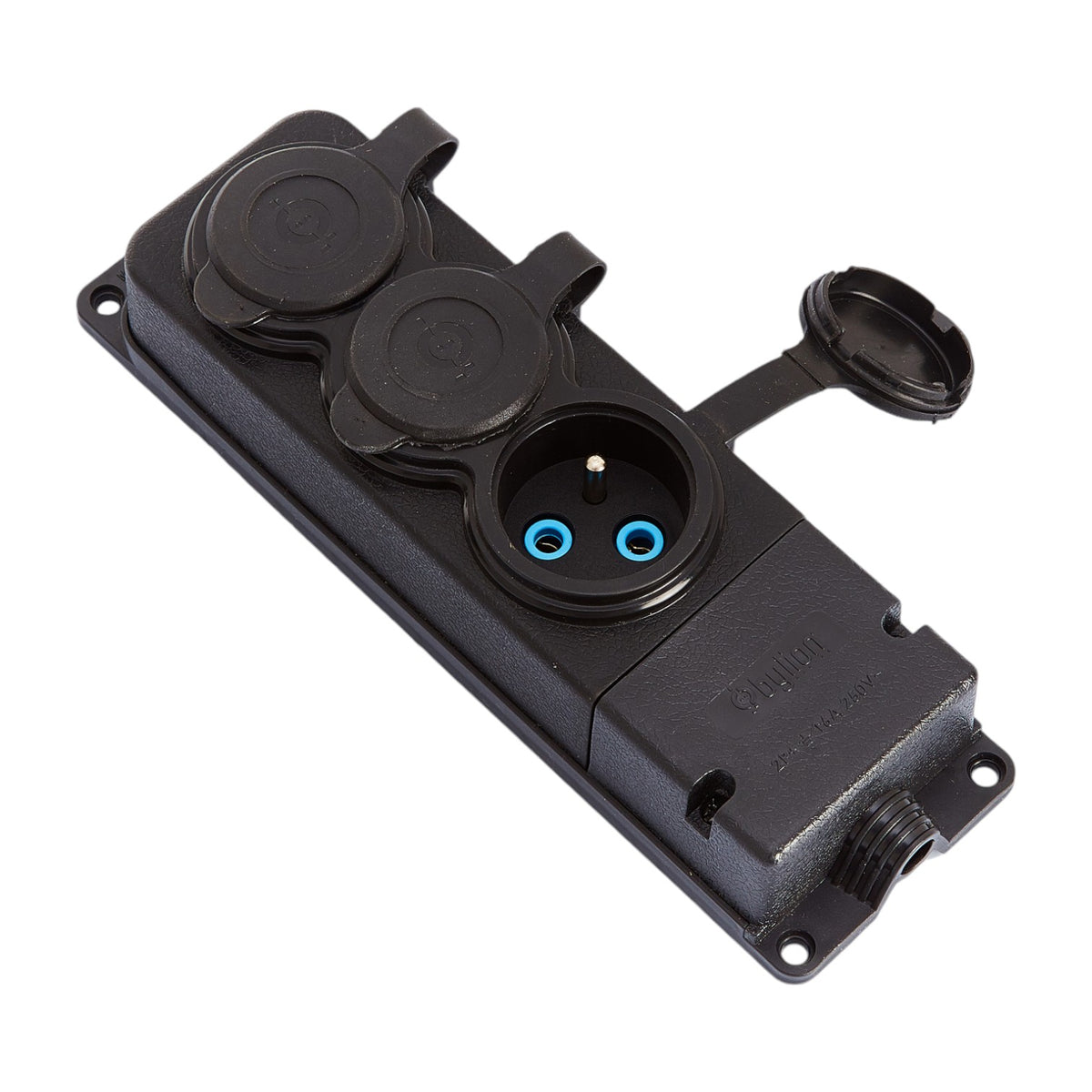 3x socket, French type E, triple "rubber" black socket with hermetic cover IP44 250V, 16A, 2P+Z, 3KMP-E, Bylion