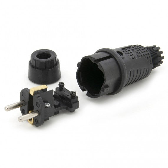 Black rubber plug IP54, 250v 16a on cable, Uni-Schuko (double grounding), 2P+E, REF, Bylion