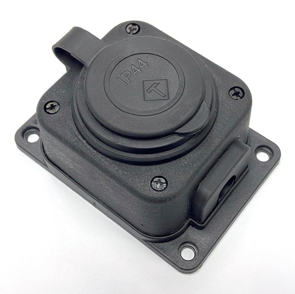 Plug socket, French, type E (pin), black, "rubber", for surface 250V, 16A, IP44, 2P+Z, 1KMP-E, Bylion
