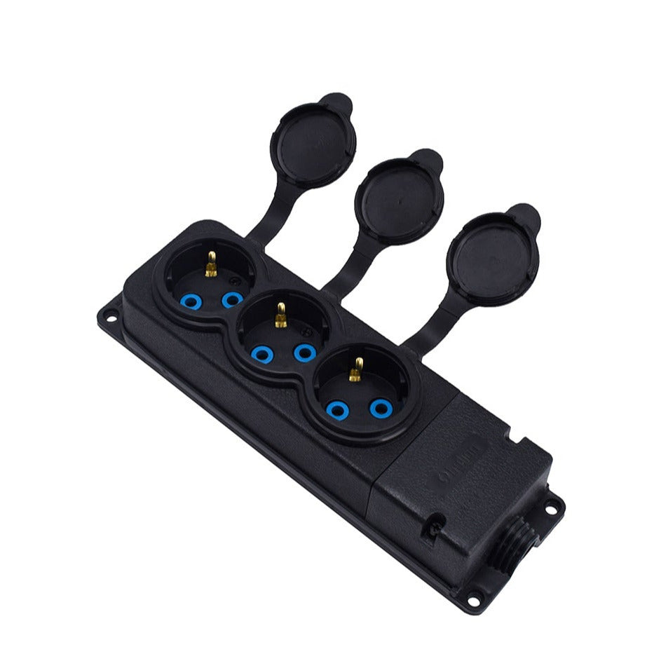 Тройна "гумена" черна розетка с херметичен капак IP44 250V, 16A, SCHUKO 2P+Z, 3KMP-F, Bylion