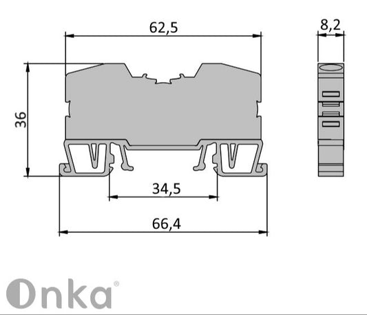 ONKA 6mm2 пружинен конектор за DIN шина, 2-проводен, син, 1020037