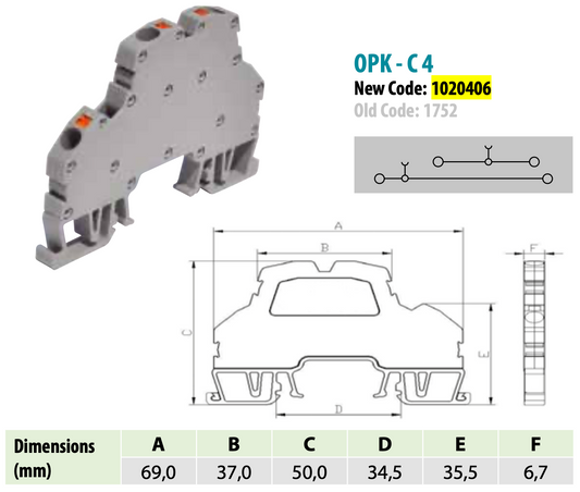 ONKA 4mm2, 2-ниво пружинен конектор за шина, клема за DIN шина, 4-проводен, сив, 1020406