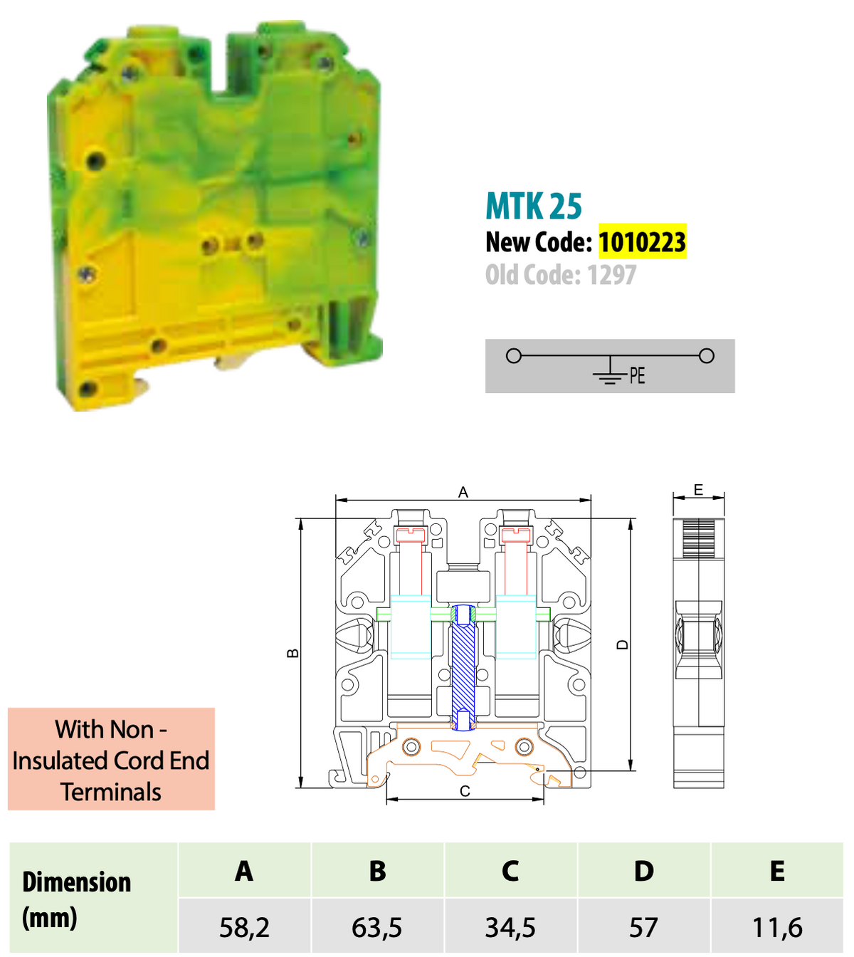 ONKA 16mm2 PE Connecting block for screw rail Terminal block for DIN rail 2-wire gray, 1010223