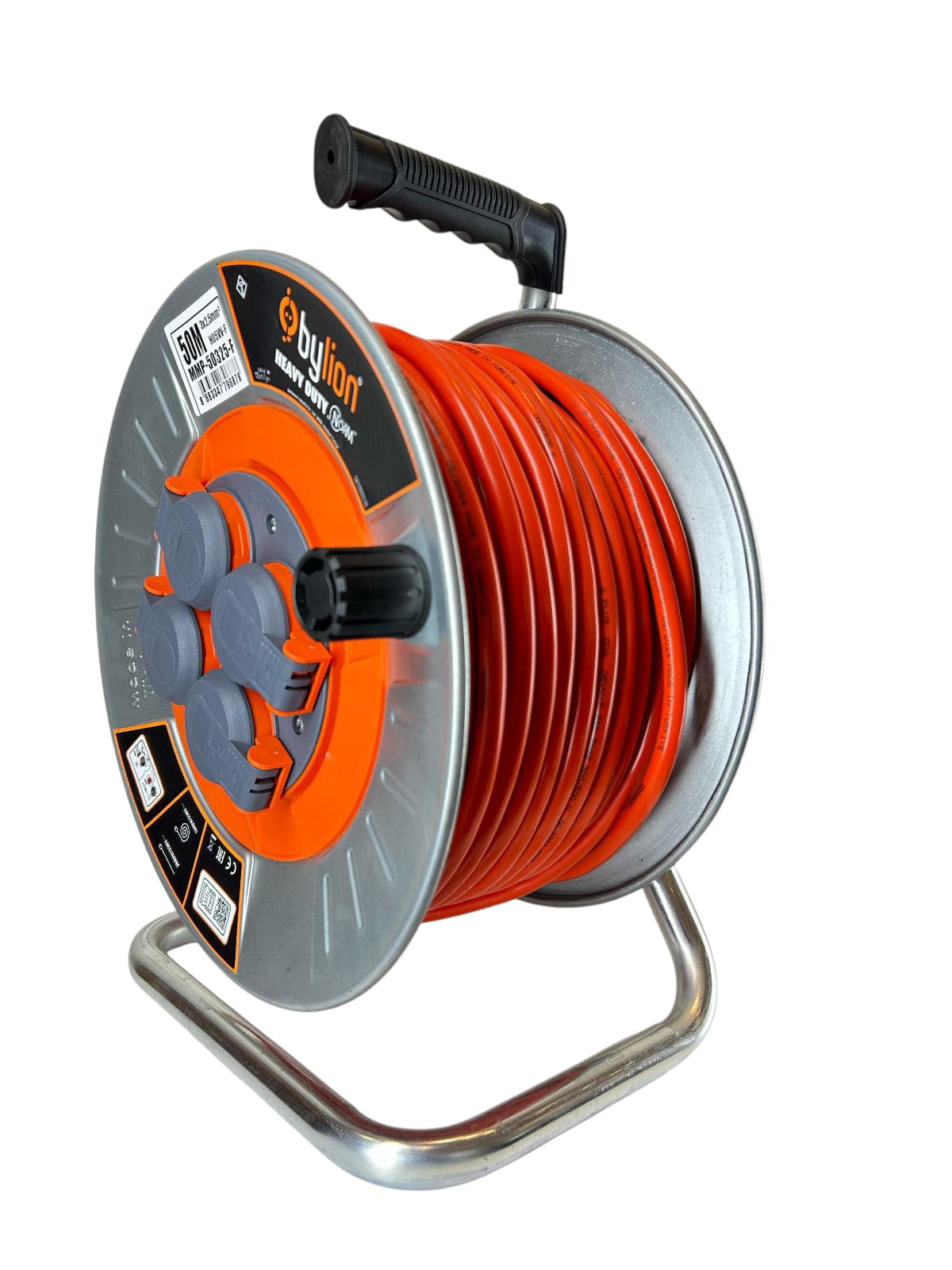 Professional metal winch with copper cable 3x2.5 mm2, IP44 with overload protection, current 16 A French type with 4 sockets, length 50M, cable color: orange
