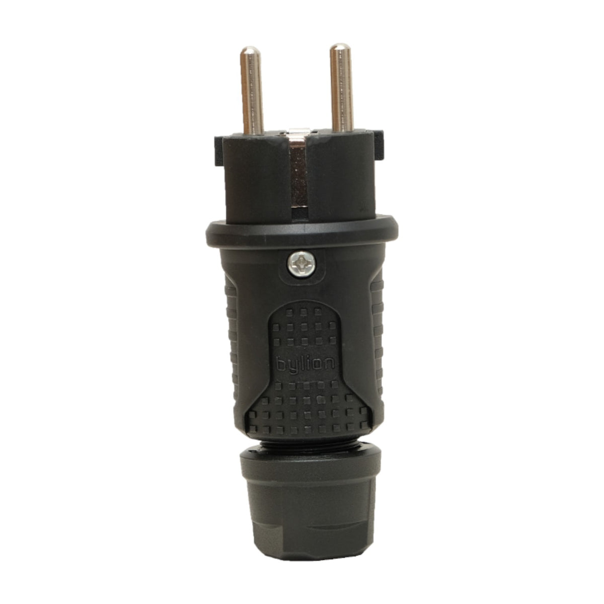 Black rubber plug IP54, 250v 16a on cable, Uni-Schuko (double grounding), 2P+E, REF, Bylion