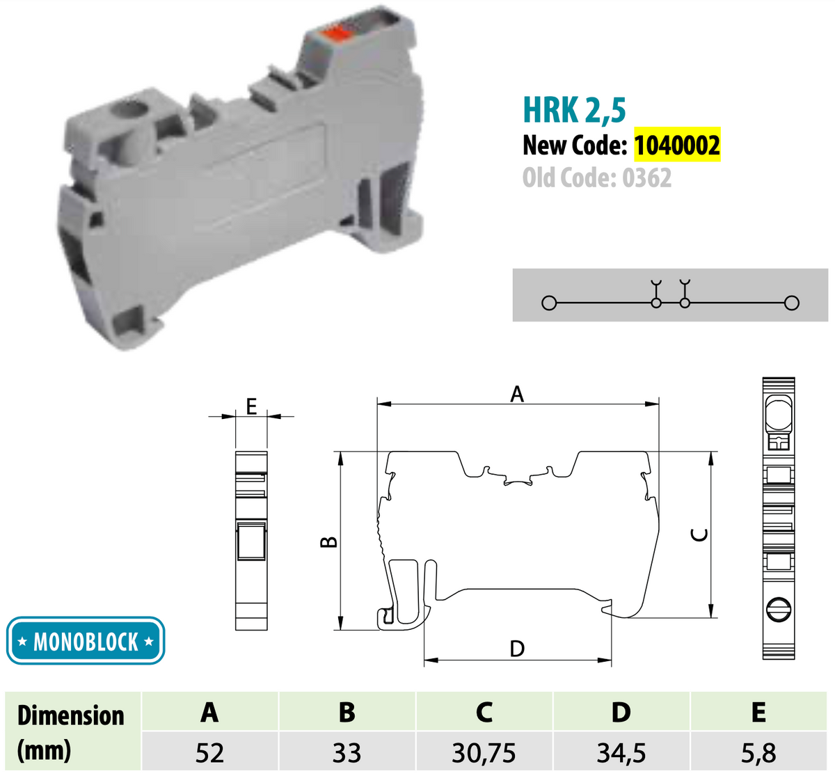 ONKA 2.5 mm2 hybrid screw / spring terminal block for busbar Terminal block for DIN rail 2-wire gray, 1040002