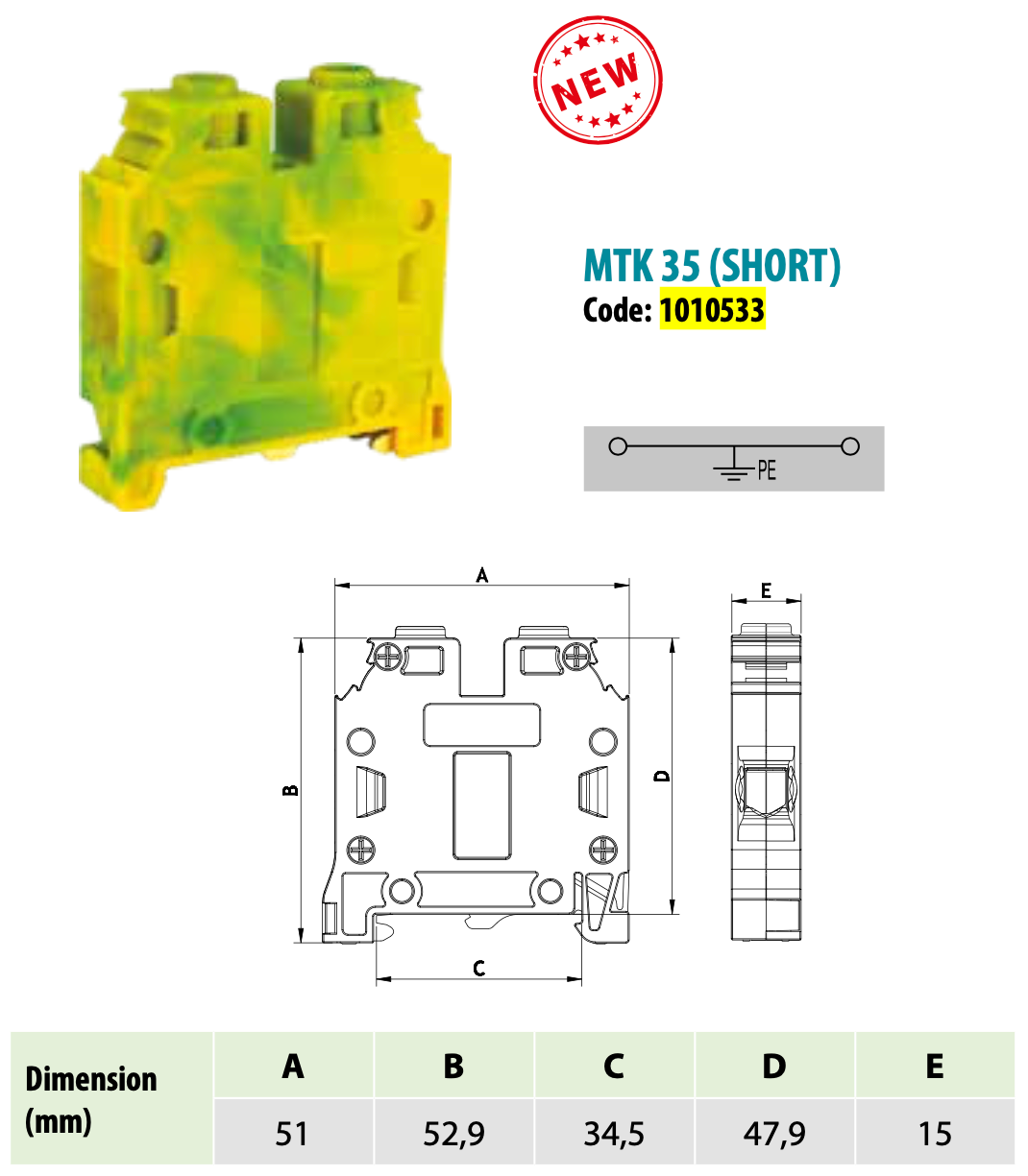 ONKA 35mm2 PE Connecting block for screw rail Terminal for DIN rail 2-wire gray, 1010533